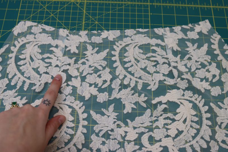How To Sew Darts - Embroidered Lace - Mood Fabrics - Taiga Trapeze Skirt Free Sewing Pattern Tutorial - MDF512 - Mood Fabrics Sewciety Blog - Sew the darts over the chalk lines.