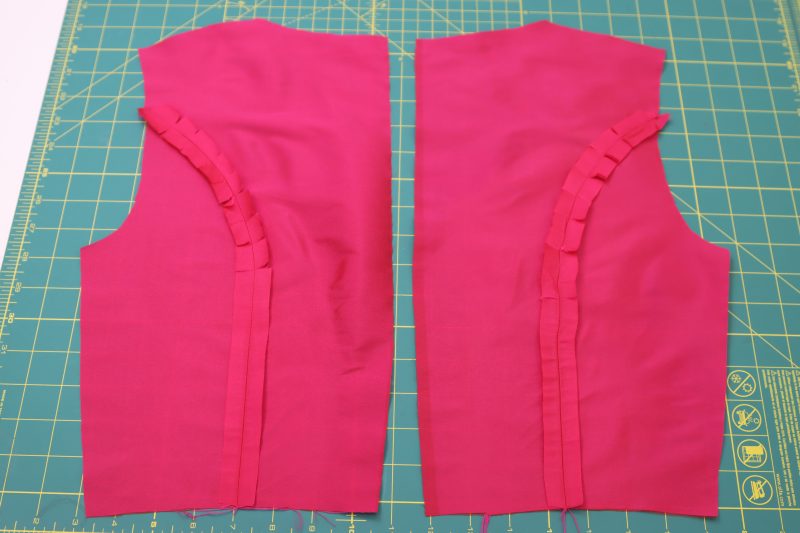 How To Sew Back Pattern Pieces - Polyester Taffeta - Mood Fabrics - Biella Fit and Flare Dress Free Sewing Pattern Tutorial - MDF514 - Mood Fabrics Sewciety Blog - Sew the back sides to the back center pieces.
