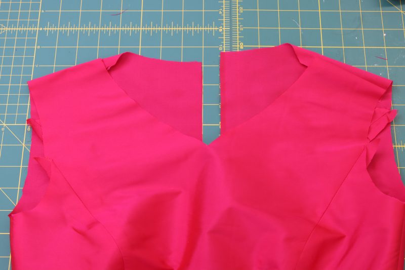 How To Sew Bodice Shoulder Seams - Polyester Taffeta - Mood Fabrics - Biella Fit and Flare Dress Free Sewing Pattern Tutorial - MDF514 - Mood Fabrics Sewciety Blog - Sew the front and backs together at the shoulder seams.