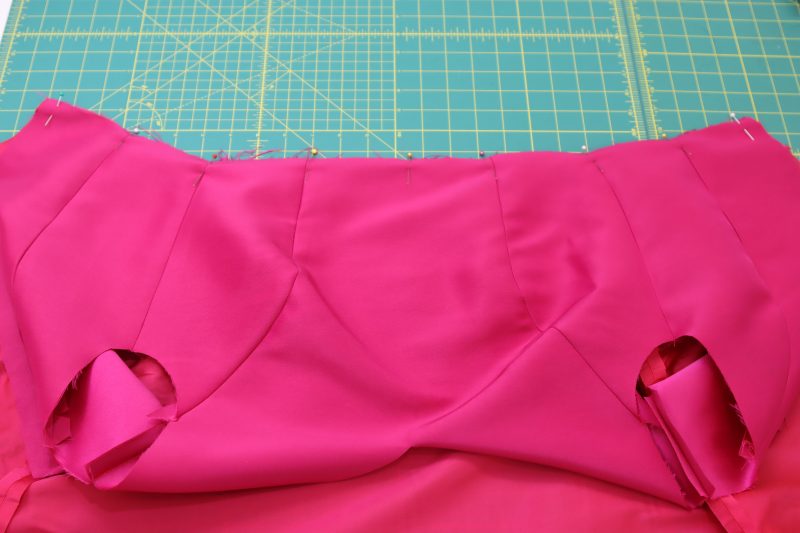 How To Pin Lining Skirt To Lining Bodice - Polyester Satin - Mood Fabrics - Biella Fit and Flare Dress Free Sewing Pattern Tutorial - MDF514 - Mood Fabrics Sewciety Blog - Pin the lining skirt to the lining top at the waistline.