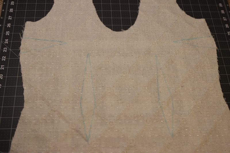 How To Mark Darts On Front Of Dress - Beaded Tweed - Mood Fabrics - Deauville Cocktail Dress Free Sewing Pattern Tutorial - MDF517 - Mood Fabrics Sewciety Blog - Mark the darts on the front of the dress.