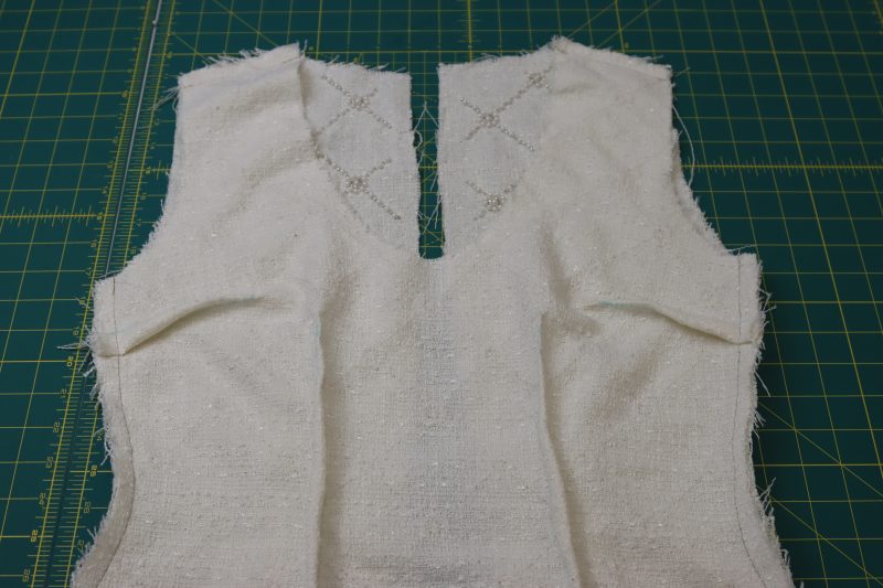 How To Pin Sew Side Seams And Shoulder Seams - Beaded Tweed - Mood Fabrics - Deauville Cocktail Dress Free Sewing Pattern Tutorial - MDF517 - Mood Fabrics Sewciety Blog - Pin and sew the side seams and shoulder seams.