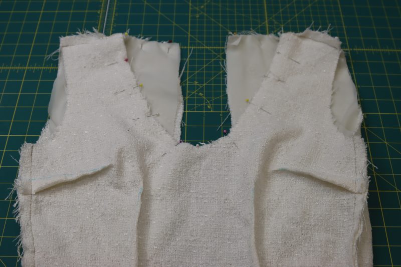 How To Pin Necklines Together - Beaded Tweed - Mood Fabrics - Deauville Cocktail Dress Free Sewing Pattern Tutorial - MDF517 - Mood Fabrics Sewciety Blog - Pin the necklines together.