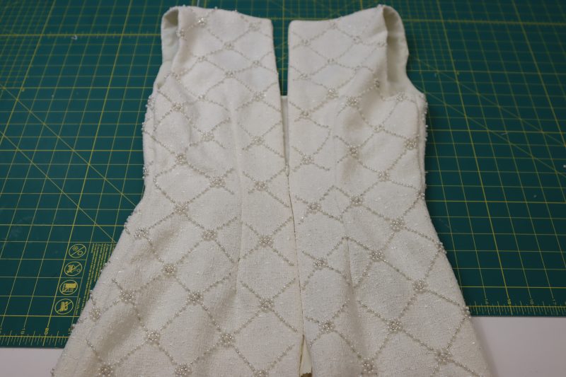 How To Flip Dress Right Sides Out - Beaded Tweed - Mood Fabrics - Deauville Cocktail Dress Free Sewing Pattern Tutorial - MDF517 - Mood Fabrics Sewciety Blog - Flip the dress right sides out.