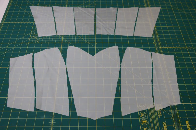 How To Layout All Bodice Lining Pieces Flat - Polyester Lining - Mood Fabrics - Selenite V Waist Ballgown Free Sewing Pattern Tutorial - MDF515 - Mood Fabrics Sewciety Blog - Layout all the bodice lining pieces.
