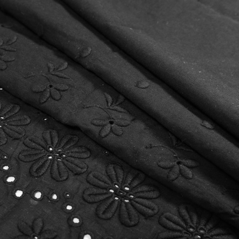 Famous NYC Designer Black Bordered Embroidered Cotton Eyelet fabric perfect for Free Resort Outfit Sewing Projects such as the Emma Double Tiered Dress Sewing Pattern free PDF download from Mood Fabrics Sewciety Blog.