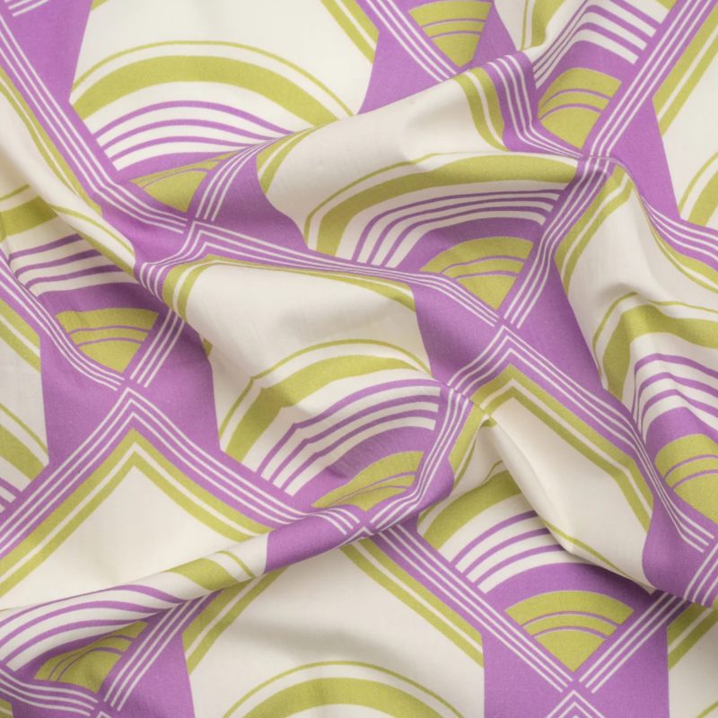 Mood Exclusive Purple Geometric Groove Cotton Poplin fabric perfect for Free Resort Outfit Sewing Projects such as the Vero Beach Dress Sewing Pattern free PDF download from Mood Fabrics Sewciety Blog.
