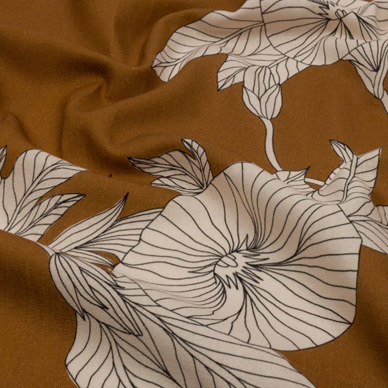 Linen and Rayon Woven - Brown Floral - Floridian Nights Print - Mood Exclusive Palm Beach Collection fabric perfect for Free Resort Outfit Sewing Projects such as the Marisol Jumper Sewing Pattern free PDF download from Mood Fabrics Sewciety Blog.
