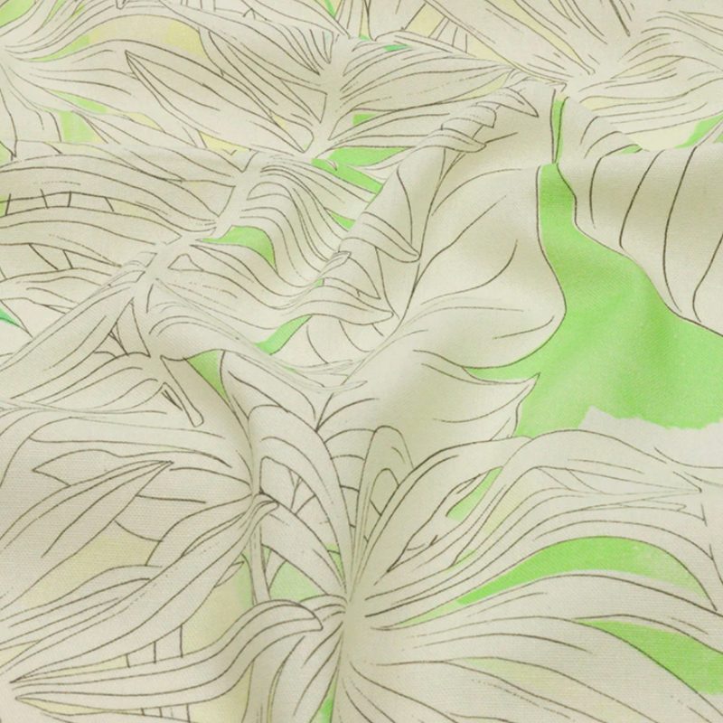 Linen and Rayon Woven - White and Pale Green Leaves - Under the Boardwalk Print - Mood Exclusive Palm Beach Collection fabric perfect for Free Resort Outfit Sewing Projects such as the Newport Tie-Back Dress Sewing Pattern free PDF download from Mood Fabrics Sewciety Blog.