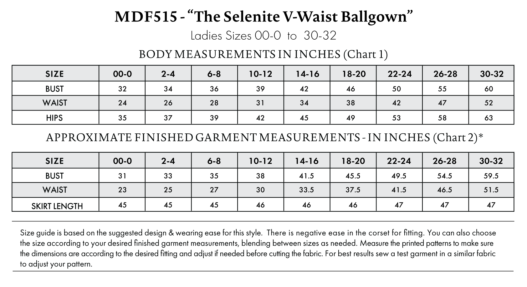Selenite V-Waist Ballgown Free Sewing Pattern - Size Charts - Mood Fabrics Sewciety Blog - Free Sewing Pattern MDF515
