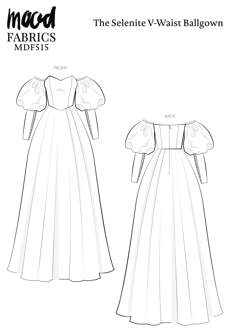 Selenite V-Waist Ballgown Free Sewing Pattern - Technical Drawings - Mood Fabrics Sewciety Blog - Free Sewing Pattern MDF515