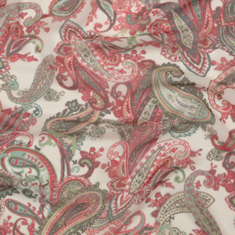 Italian Silver Green, Moon Mist and Vibrant Red Paisley Polyester Georgette fabric perfect for Free Resort Outfit Sewing Projects such as the Baratti Blouson Dress Sewing Pattern free PDF download from Mood Fabrics Sewciety Blog.