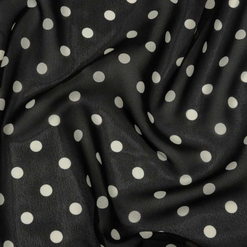 Famous Australian Designer Black and White Polka Dots Polyester Georgette fabric perfect for Free Resort Outfit Sewing Projects such as the Cirrus Romper Sewing Pattern free PDF download from Mood Fabrics Sewciety Blog.