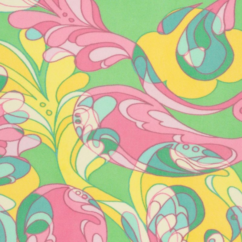 Polyester Stretch Mesh Print - Pink, Yellow and Green Retro Florals and Paisley - Designer Deadstock fabric perfect for Free Resort Outfit Sewing Projects such as the Islamorada Resort Set Sewing Pattern free PDF download from Mood Fabrics Sewciety Blog.