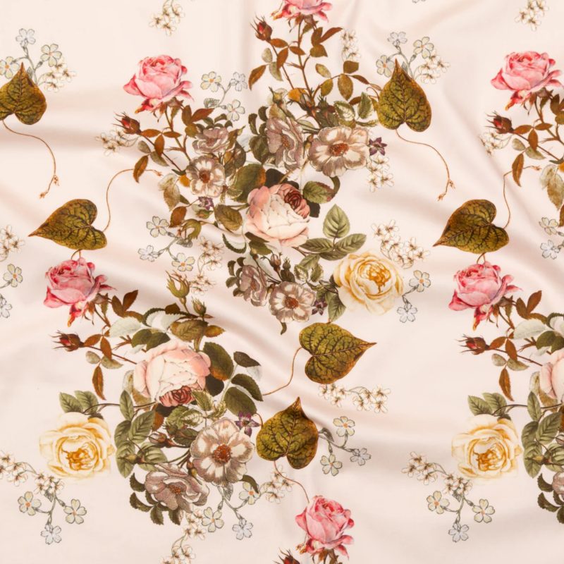 Stretch Cotton Sateen - Silver Peony Floral - Blossoms of the Heart Print - Mood Exclusive Kenko Collection fabric perfect for Free Resort Outfit Sewing Projects such as the Marisol Jumper Sewing Pattern free PDF download from Mood Fabrics Sewciety Blog.