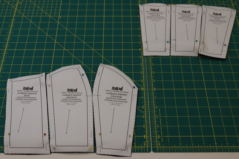 How To Layout Corset Pattern Pieces - Floral Guipure Lace - Mood Fabrics - Reims Soirée Dress Free Sewing Pattern Tutorial - MDF521 - Mood Fabrics Sewciety Blog - Layout the corset pattern pieces.