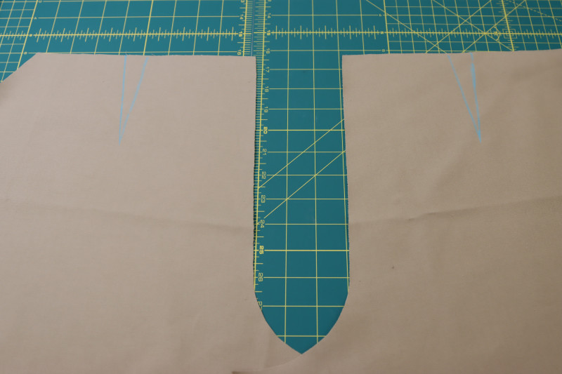How To Mark Back Darts With Chalk - Stretch Khaki Twill - Mood Fabrics - Lucca Tailored Barrel Leg Pants Free Sewing Pattern Tutorial - MDF524 - Mood Fabrics Sewciety Blog - Mark the back darts with chalk.