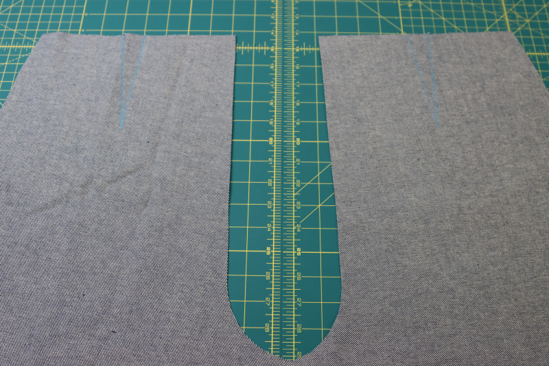How To Mark Pants Darts With Chalk - Cotton Denim Twill - Mood Fabrics - Merit Jumpsuit Free Sewing Pattern Tutorial - MDF525 - Mood Fabrics Sewciety Blog - Mark the pants darts with chalk.