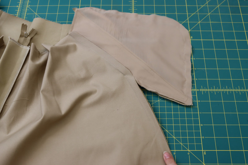 How To Pin Sew Perimeter Of Pockets And Side Seams - Stretch Khaki Twill - Mood Fabrics - Lucca Tailored Barrel Leg Pants Free Sewing Pattern Tutorial - MDF524 - Mood Fabrics Sewciety Blog - Pin and sew the perimeter of the pockets and the side seams.
