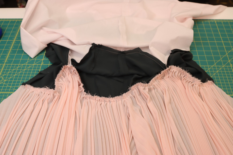 How To Sew Skirt To Bodice - Accordion Pleated Chiffon - Mood Fabrics - Pyrite Pleated Dress Free Sewing Pattern Tutorial - MDF527 - Mood Fabrics Sewciety Blog - Sew the skirt to the bodice.
