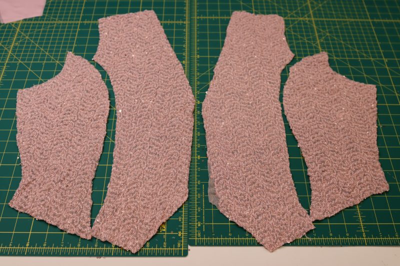 How To Layout Front Vest Pieces - Baby Sequin Mesh - Mood Fabrics - Morganite Waistcoat Ensemble Free Sewing Pattern Tutorial - MDF519 - Mood Fabrics Sewciety Blog - Layout the front vest pieces.