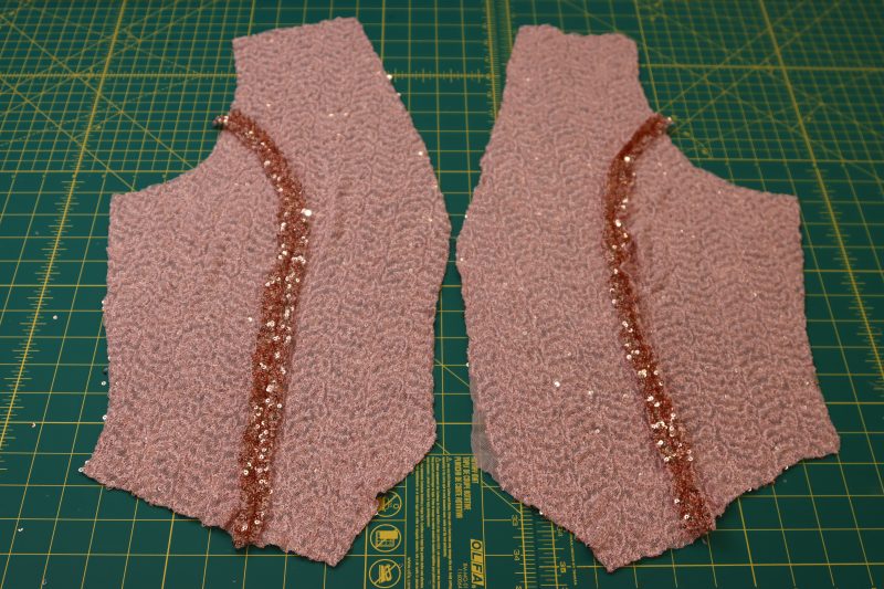 How To Pin Sew Front Vest Pieces Together - Baby Sequin Mesh - Mood Fabrics - Morganite Waistcoat Ensemble Free Sewing Pattern Tutorial - MDF519 - Mood Fabrics Sewciety Blog - Pin and sew the front vest pieces together.