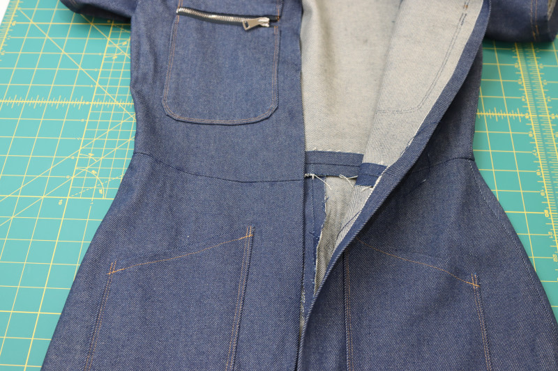 How To Sew Waistlines Sewn Together - Cotton Denim Twill - Mood Fabrics - Merit Jumpsuit Free Sewing Pattern Tutorial - MDF525 - Mood Fabrics Sewciety Blog - Sew the waistlines together.