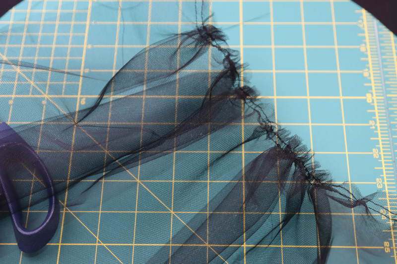 How To Gather Tulle - Nylon Tulle - Mood Fabrics - Reims Soirée Dress Free Sewing Pattern Tutorial - MDF521 - Mood Fabrics Sewciety Blog - Gather the tulle.
