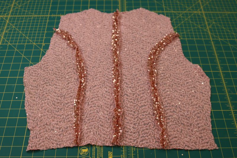 How To Pin Sew Vest Back Pieces - Baby Sequin Mesh - Mood Fabrics - Morganite Waistcoat Ensemble Free Sewing Pattern Tutorial - MDF519 - Mood Fabrics Sewciety Blog - Pin and sew the vest back pieces.
