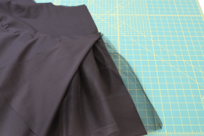 How To Pin Sew Center Back Seam Of Tulle - Nylon Tulle - Mood Fabrics - Reims Soirée Dress Free Sewing Pattern Tutorial - MDF521 - Mood Fabrics Sewciety Blog - Pin and sew the center back seam of the tulle.