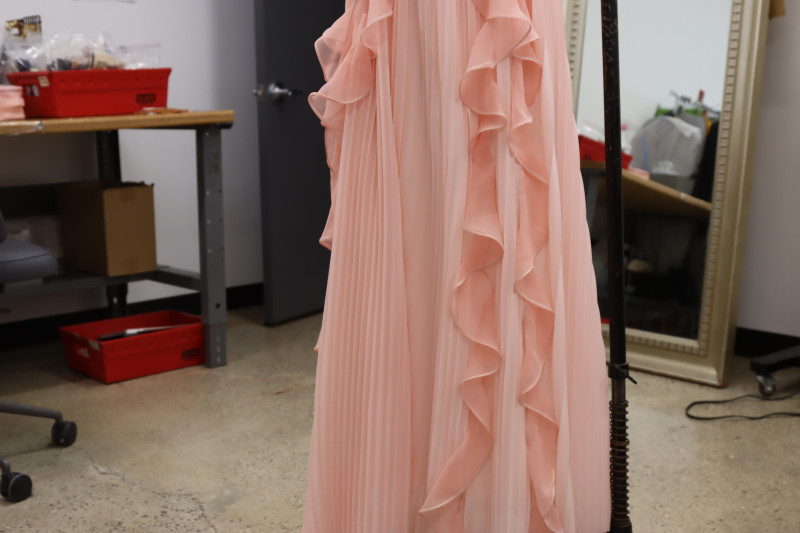 How To Sew Ruffles At Angle Coming Down From Waistline - Polester Chiffon - Mood Fabrics - Pyrite Pleated Dress Free Sewing Pattern Tutorial - MDF527 - Mood Fabrics Sewciety Blog - Sew the ruffles at an angle coming down from the waistline.