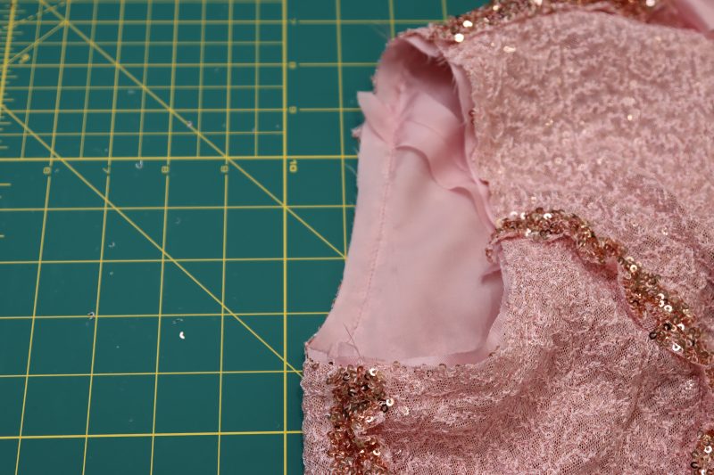 How To Sew First Armscye - Baby Sequin Mesh - Mood Fabrics - Morganite Waistcoat Ensemble Free Sewing Pattern Tutorial - MDF519 - Mood Fabrics Sewciety Blog - Sew the first armscye.