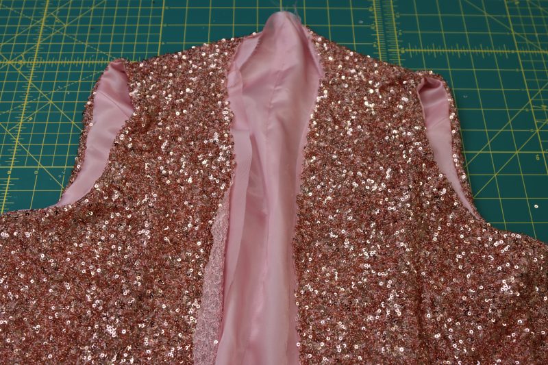 How To Sew Other Armscye Shut - Baby Sequin Mesh - Mood Fabrics - Morganite Waistcoat Ensemble Free Sewing Pattern Tutorial - MDF519 - Mood Fabrics Sewciety Blog - Sew the other armscye shut.