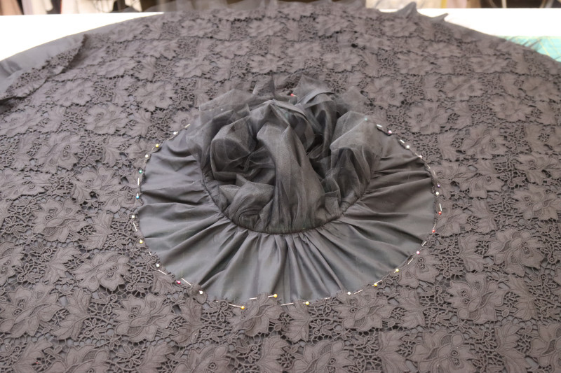 How To Pin Lower Skirt Above Lower Tulle Layer - Floral Guipure Lace - Mood Fabrics - Reims Soirée Dress Free Sewing Pattern Tutorial - MDF521 - Mood Fabrics Sewciety Blog - Pin the lower skirt above the lower tulle layer.