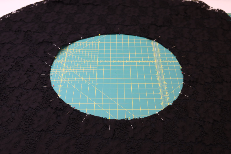 How To Pin Sew Waistlines Of Lower Skirt Layers - Floral Guipure Lace - Mood Fabrics - Reims Soirée Dress Free Sewing Pattern Tutorial - MDF521 - Mood Fabrics Sewciety Blog - Pin and sew the waistlines of the lower skirt layers.