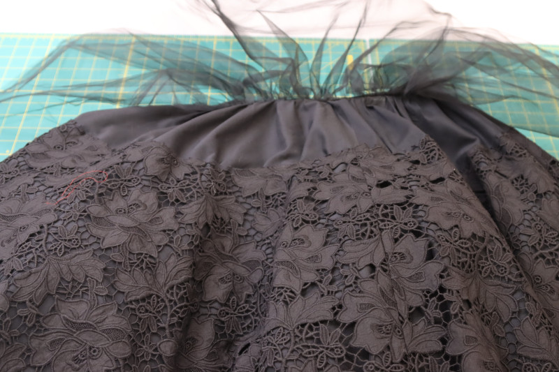 How To Sew Lower Skirt Layer To Petticoat Lining - Floral Guipure Lace - Mood Fabrics - Reims Soirée Dress Free Sewing Pattern Tutorial - MDF521 - Mood Fabrics Sewciety Blog - Sew the lower skirt layer to the petticoat lining.