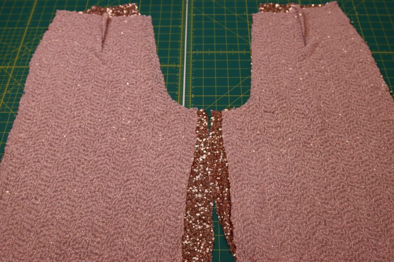 How To Pin Pants Side Seams - Baby Sequin Mesh - Mood Fabrics - Morganite Waistcoat Ensemble Free Sewing Pattern Tutorial - MDF519 - Mood Fabrics Sewciety Blog - Pin the pants side seams.