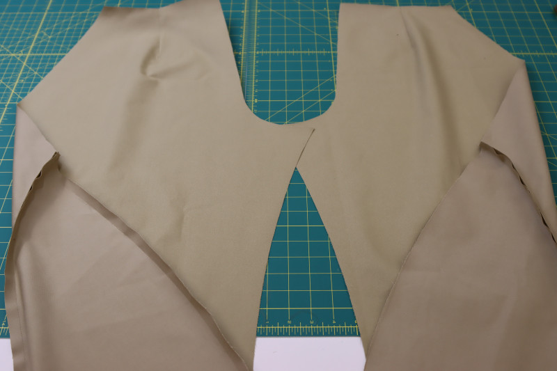 How To Pin Sew Back Panels To Back Pants Pieces - Stretch Khaki Twill - Mood Fabrics - Lucca Tailored Barrel Leg Pants Free Sewing Pattern Tutorial - MDF524 - Mood Fabrics Sewciety Blog - Pin and sew the back panels to the back pants pieces.
