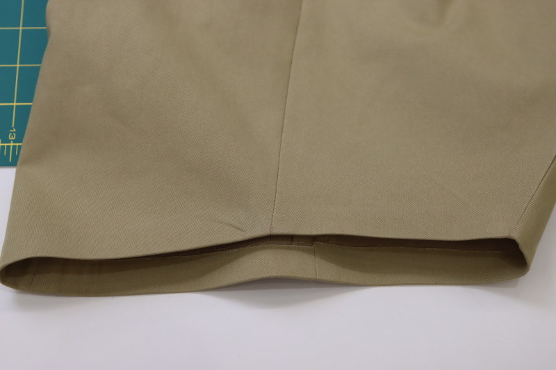 How To Hem Ends Of Pants - Stretch Khaki Twill - Mood Fabrics - Lucca Tailored Barrel Leg Pants Free Sewing Pattern Tutorial - MDF524 - Mood Fabrics Sewciety Blog - Hem the ends of the pants.