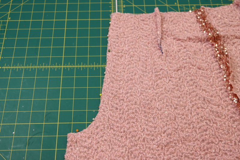 How To Pin Sew Front Crotch Seam - Baby Sequin Mesh - Mood Fabrics - Morganite Waistcoat Ensemble Free Sewing Pattern Tutorial - MDF519 - Mood Fabrics Sewciety Blog - Pin and sew the front crotch seam.