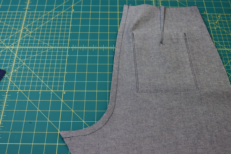 How To Pin Sew Back Crotch Seam - Cotton Denim Twill - Mood Fabrics - Merit Jumpsuit Free Sewing Pattern Tutorial - MDF525 - Mood Fabrics Sewciety Blog - Pin and sew the back crotch seam.
