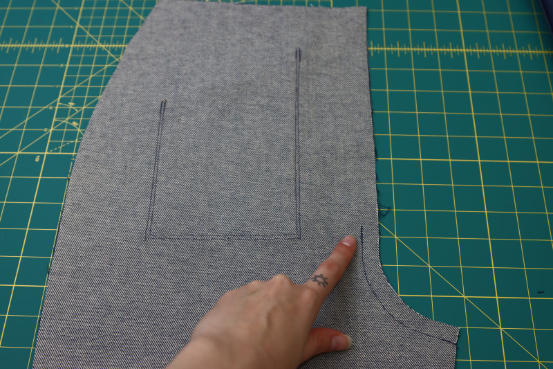 How To Pin Sew Front Crotch Seam Bottom Six Inches - Cotton Denim Twill - Mood Fabrics - Merit Jumpsuit Free Sewing Pattern Tutorial - MDF525 - Mood Fabrics Sewciety Blog - Pin and sew the bottom 6 inches of the front crotch seam.
