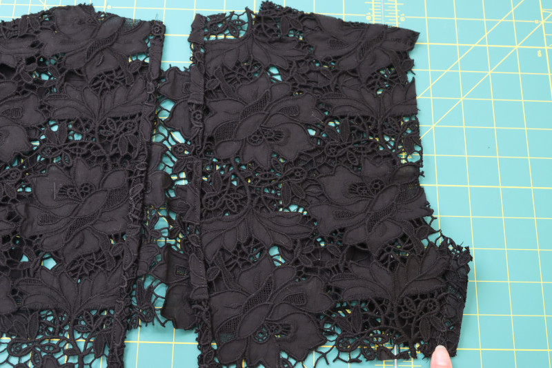 How To Pin Sew Side And Shoulder Seams Of Lace Top - Floral Guipure Lace - Mood Fabrics - Reims Soirée Dress Free Sewing Pattern Tutorial - MDF521 - Mood Fabrics Sewciety Blog - Pin and sew the side and shoulder seams of the lace top.