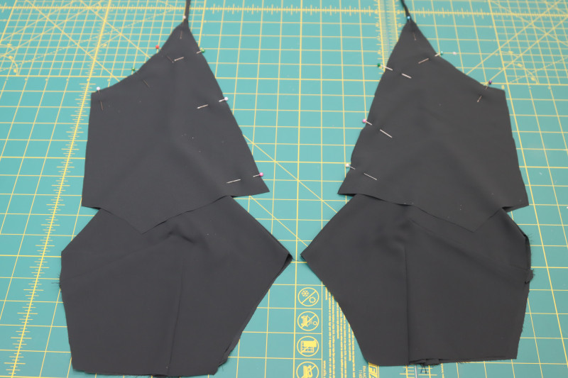 How To Pin Straps Between Back Bodice Pieces - Double Polyester Georgette - Mood Fabrics - Pyrite Pleated Dress Free Sewing Pattern Tutorial - MDF527 - Mood Fabrics Sewciety Blog - Pin the straps between the back bodice pieces.