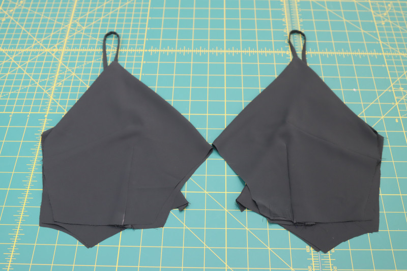 How To Layout Bodice Pieces With Front Bodice On Top Of Back Bodice - Double Polyester Georgette - Mood Fabrics - Pyrite Pleated Dress Free Sewing Pattern Tutorial - MDF527 - Mood Fabrics Sewciety Blog - Layout the bodice pieces with the front bodice laying on top of the back bodice.