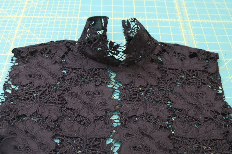 How To Sew Collar To Neckline Of Top - Floral Guipure Lace - Mood Fabrics - Reims Soirée Dress Free Sewing Pattern Tutorial - MDF521 - Mood Fabrics Sewciety Blog - Sew the collar to the neckline of the top.