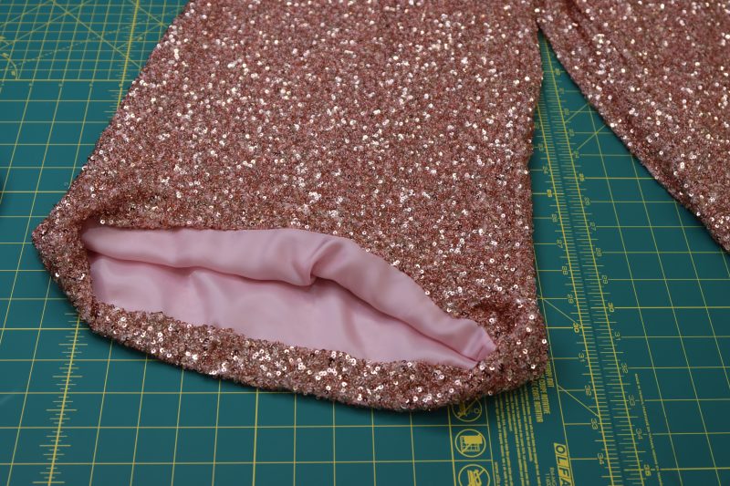 How To Flip Pant Leg Right Sides Out - Baby Sequin Mesh - Mood Fabrics - Morganite Waistcoat Ensemble Free Sewing Pattern Tutorial - MDF519 - Mood Fabrics Sewciety Blog - Flip the pant leg right sides out.