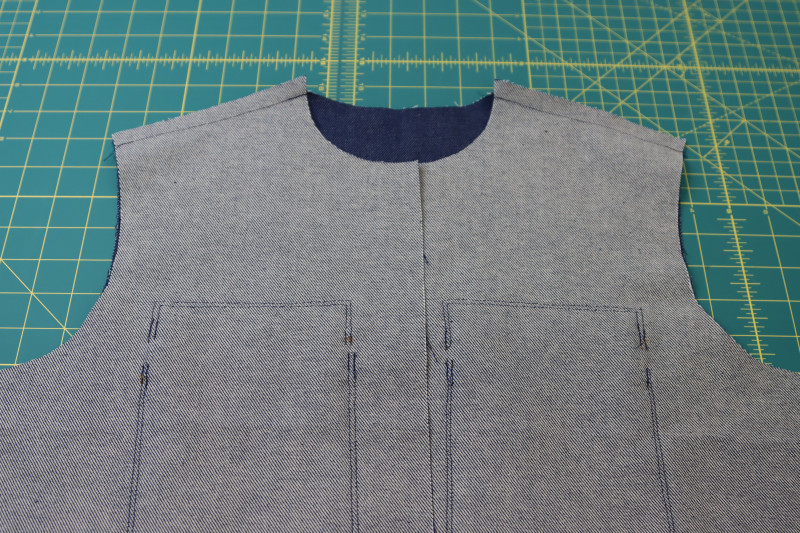 How To Pin Sew Bodice Shoulder Seams - Cotton Denim Twill - Mood Fabrics - Merit Jumpsuit Free Sewing Pattern Tutorial - MDF525 - Mood Fabrics Sewciety Blog - Pin and sew the shoulder seams of the bodice.