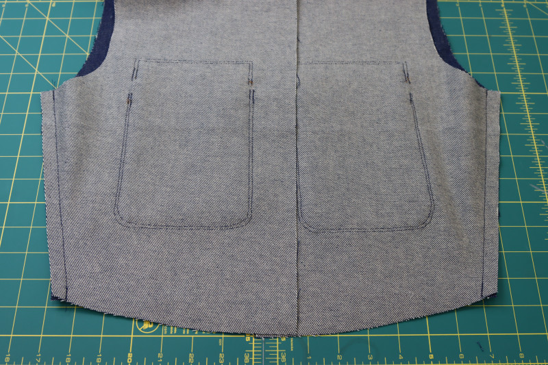 How To Pin Sew Bodice Side Seams - Cotton Denim Twill - Mood Fabrics - Merit Jumpsuit Free Sewing Pattern Tutorial - MDF525 - Mood Fabrics Sewciety Blog - Pin and sew the side seams of the bodice.