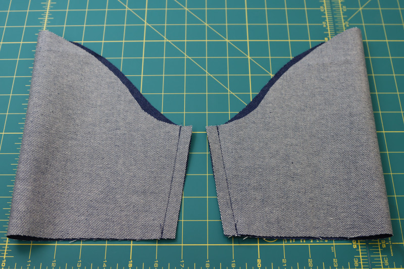 How To Pin Sew Sleeve Inseams - Cotton Denim Twill - Mood Fabrics - Merit Jumpsuit Free Sewing Pattern Tutorial - MDF525 - Mood Fabrics Sewciety Blog - Pin and sew the sleeve inseams.